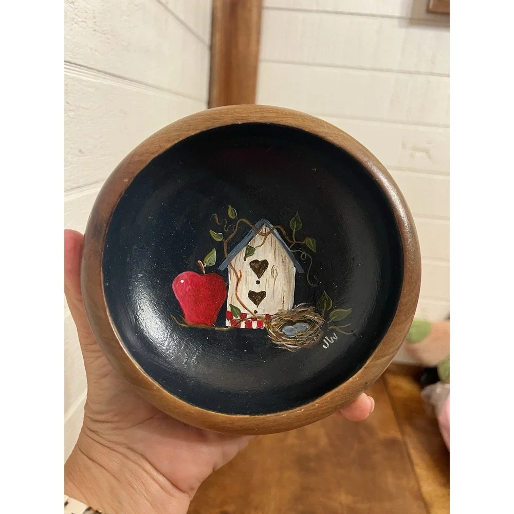 Hand Painted Wooden Vintage Decorative Bowl Birdhouse Nest Apple 6